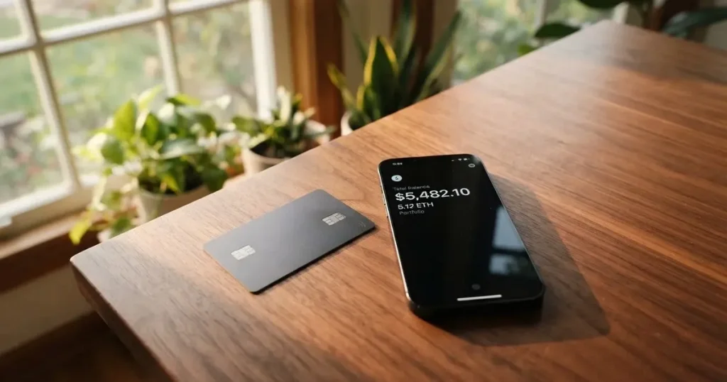 A payment card next to a phone with a crypto wallet app open
