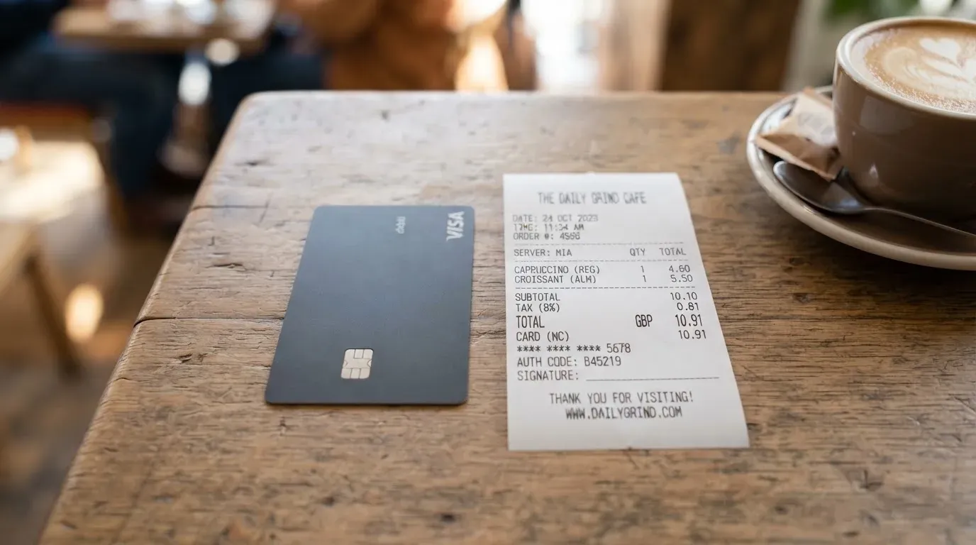 A receipt and a card on a café table