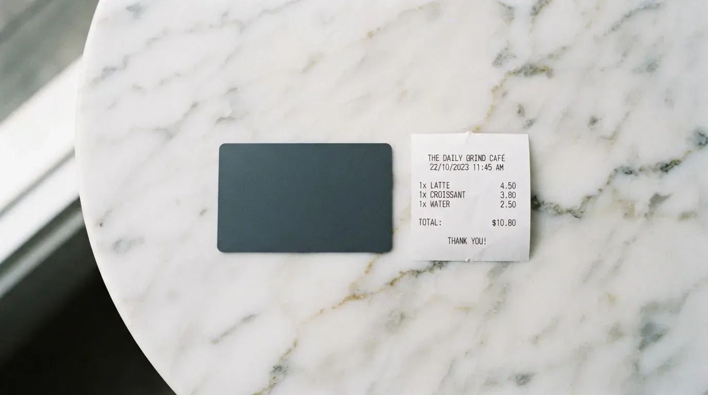 A receipt and a card on a café table