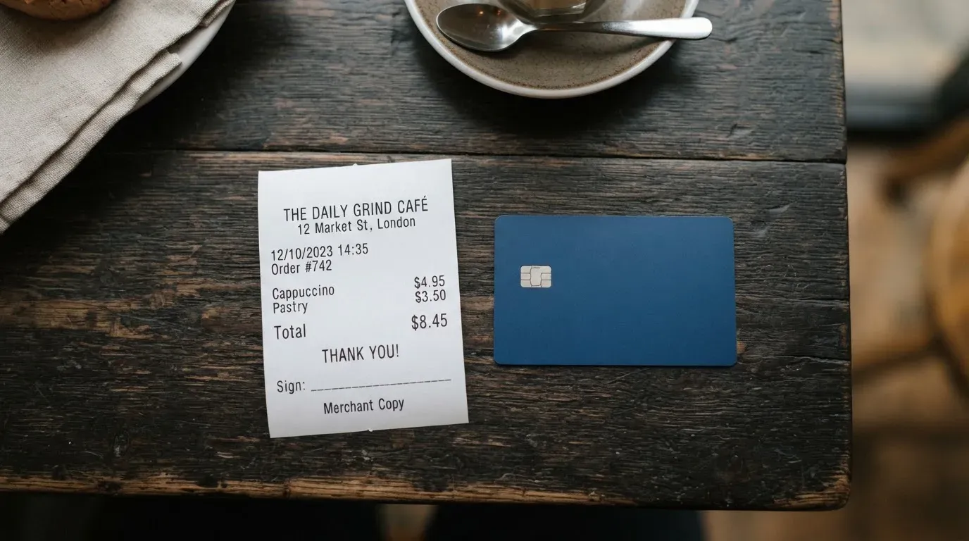 A receipt and a card on a café table