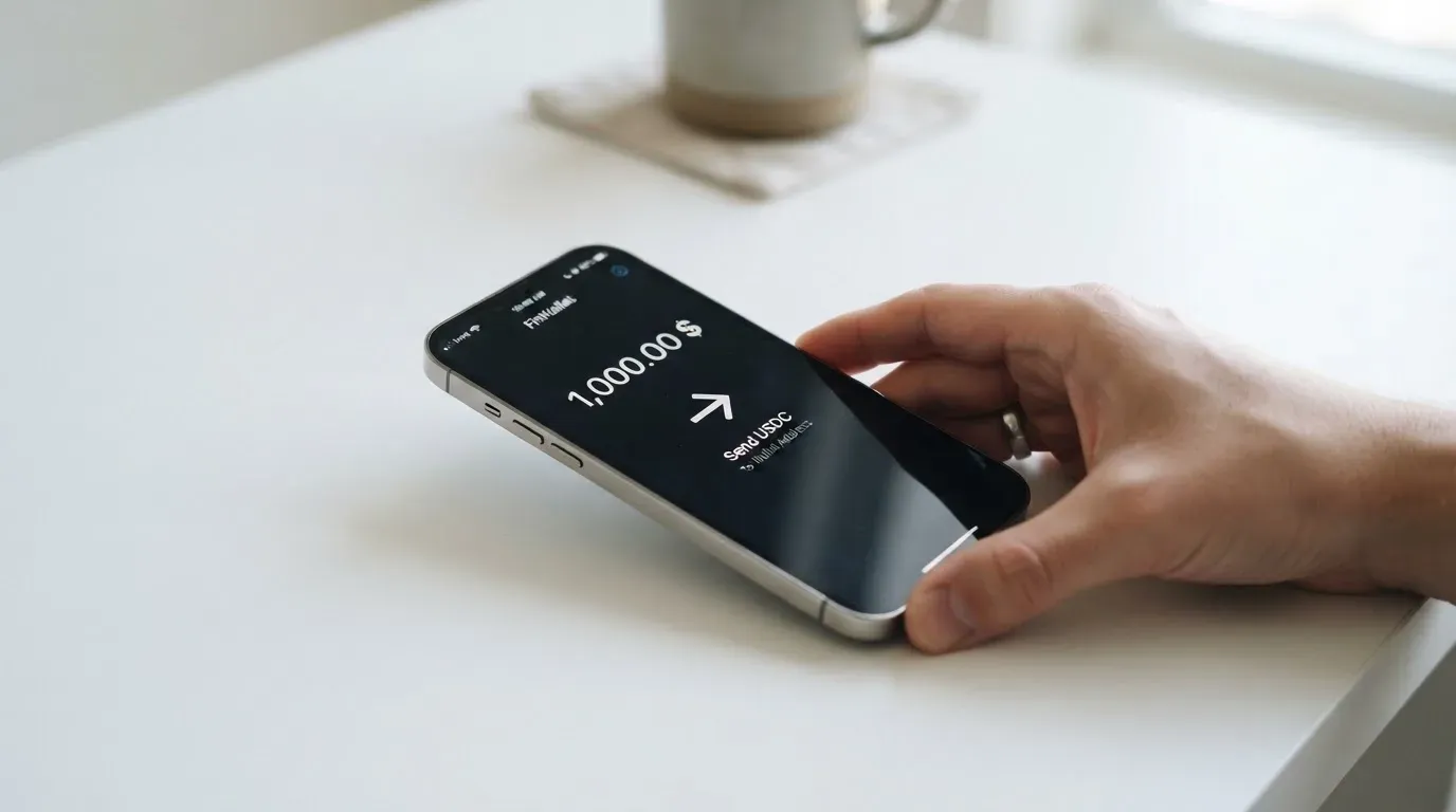 A phone showing a stablecoin transfer screen