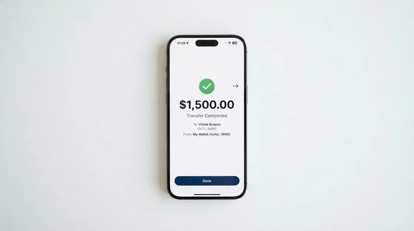 A phone showing a stablecoin transfer screen