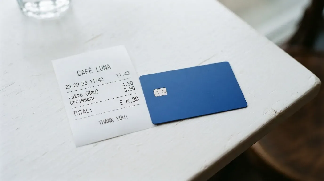 A receipt and a card on a café table