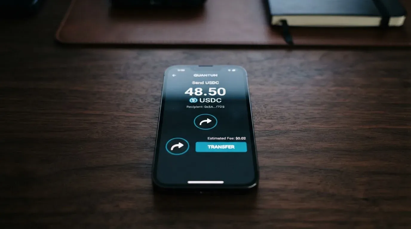 A phone showing a stablecoin transfer screen