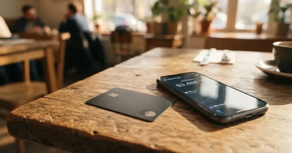 A payment card next to a phone with a crypto wallet app open