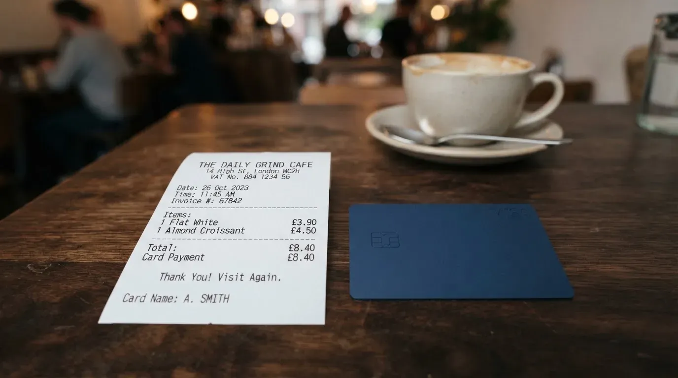 A receipt and a card on a café table