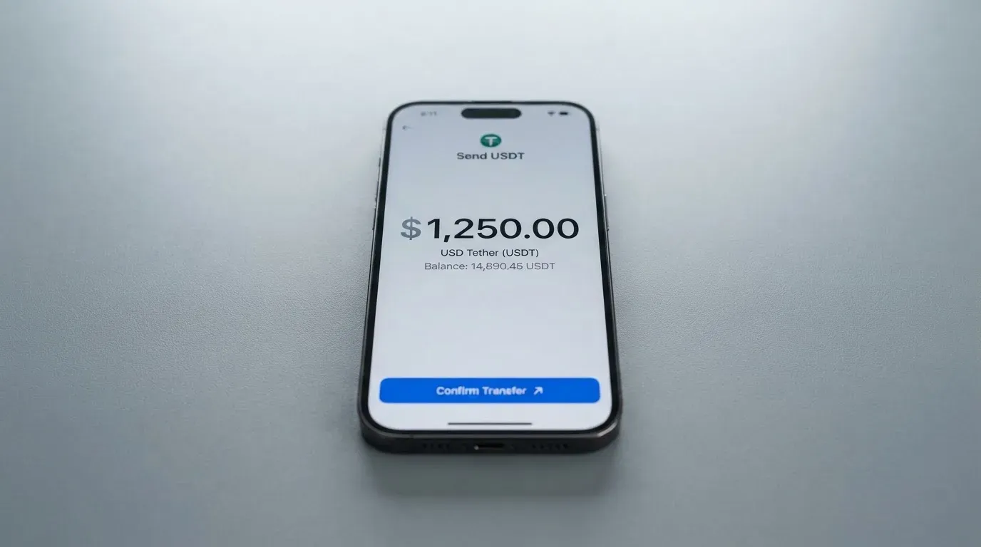 A phone showing a stablecoin transfer screen