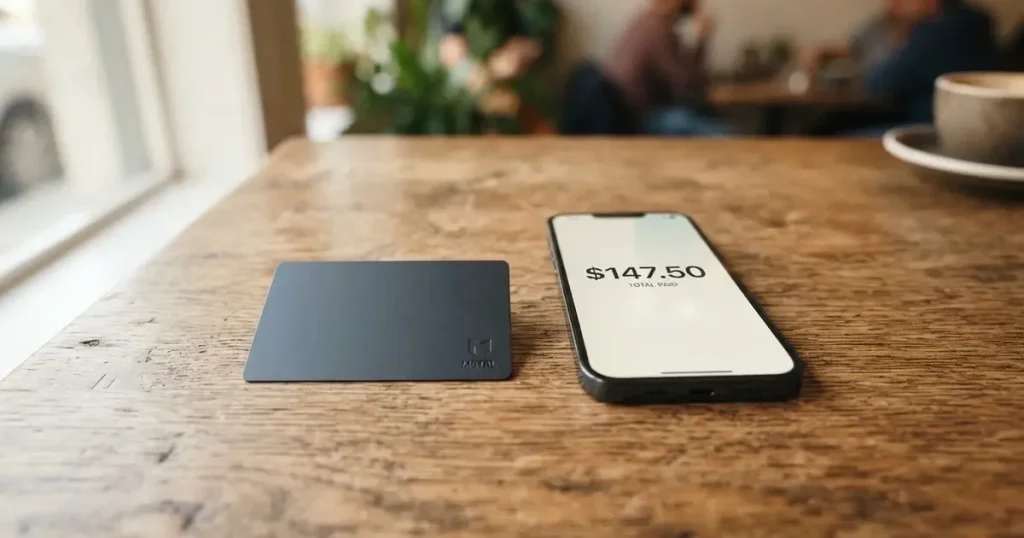 A payment card next to a phone with a crypto wallet app open