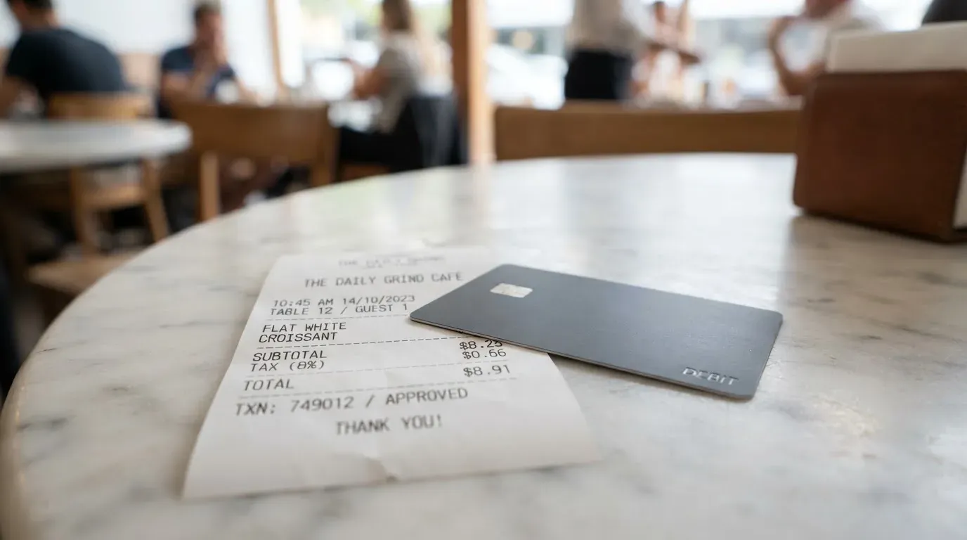 A receipt and a card on a café table