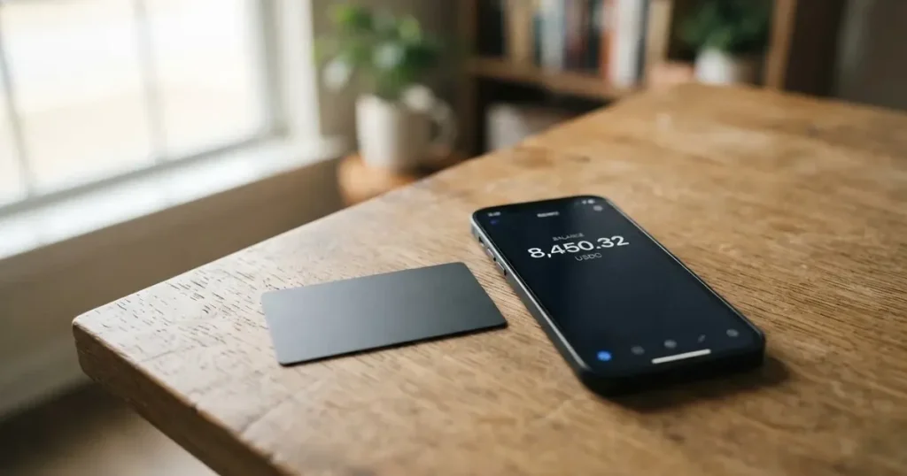 A payment card next to a phone with a crypto wallet app open