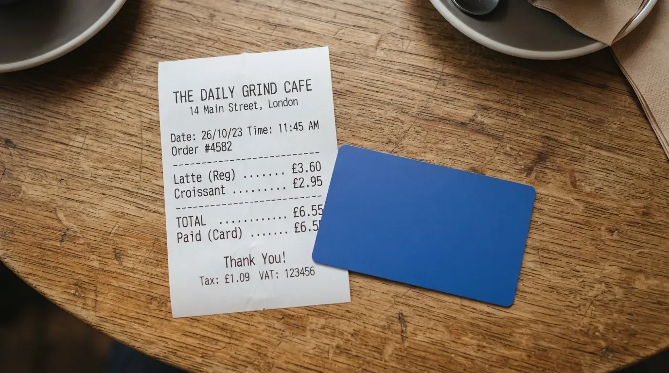 A receipt and a card on a café table