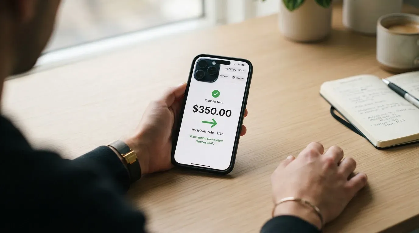 A phone showing a stablecoin transfer screen