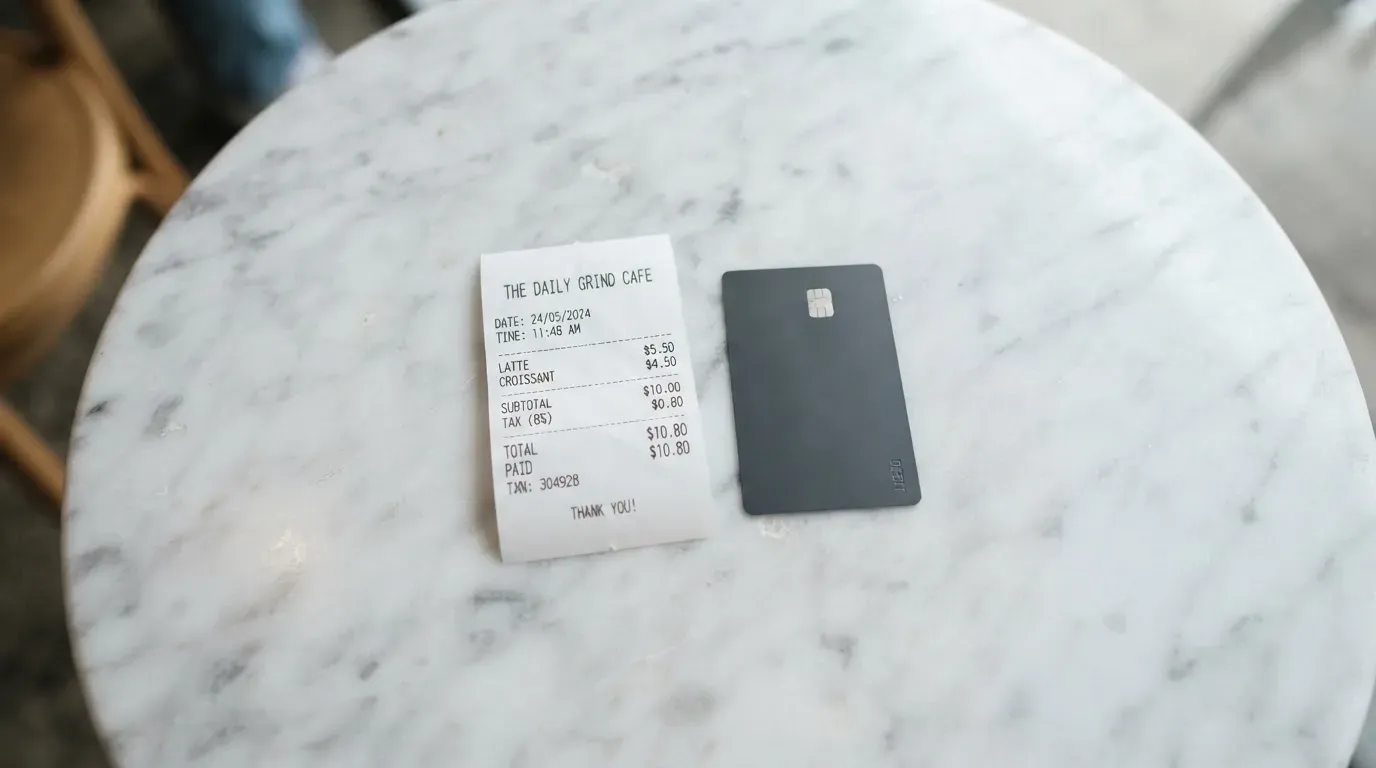 A receipt and a card on a café table