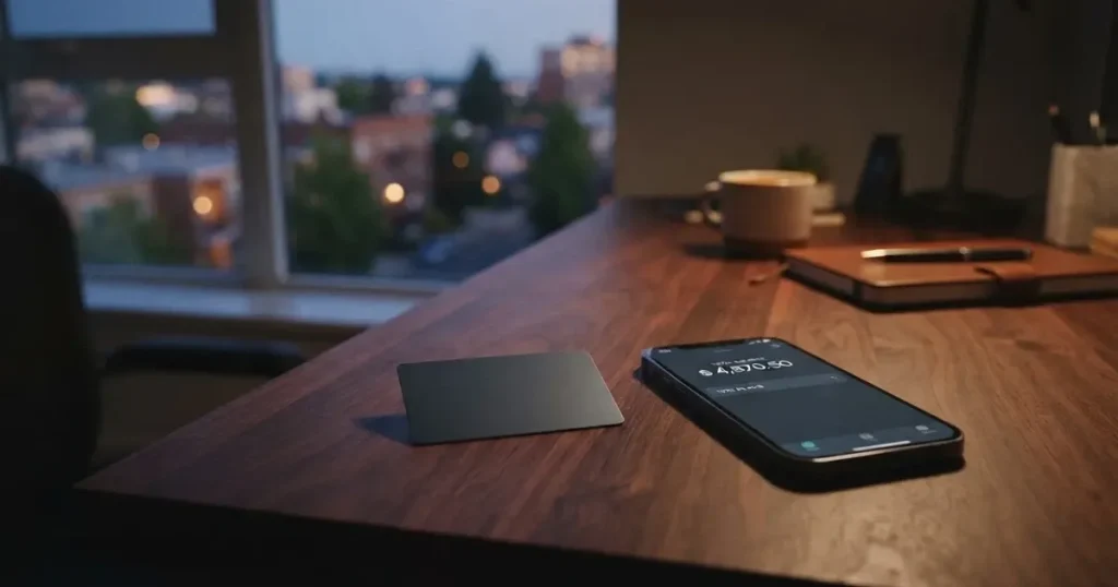A payment card next to a phone with a crypto wallet app open