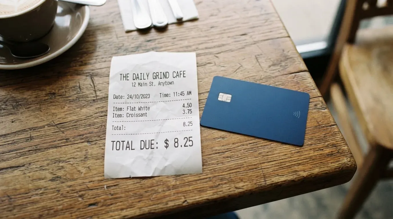 A receipt and a card on a café table