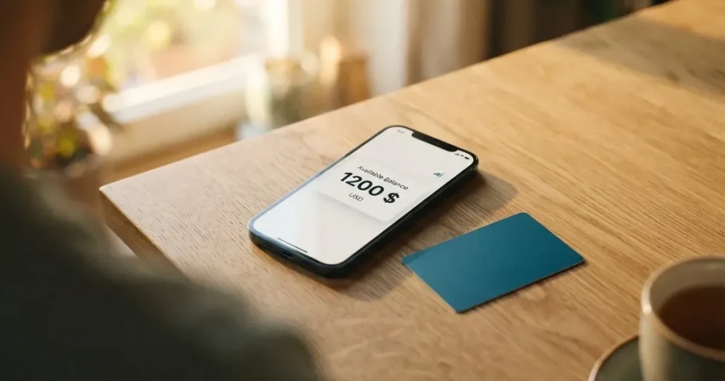 A payment card next to a phone with a crypto wallet app open