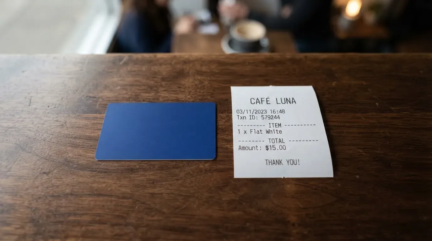 A receipt and a card on a café table