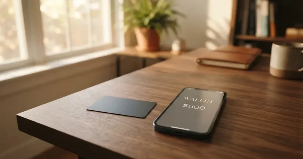 A payment card next to a phone with a crypto wallet app open
