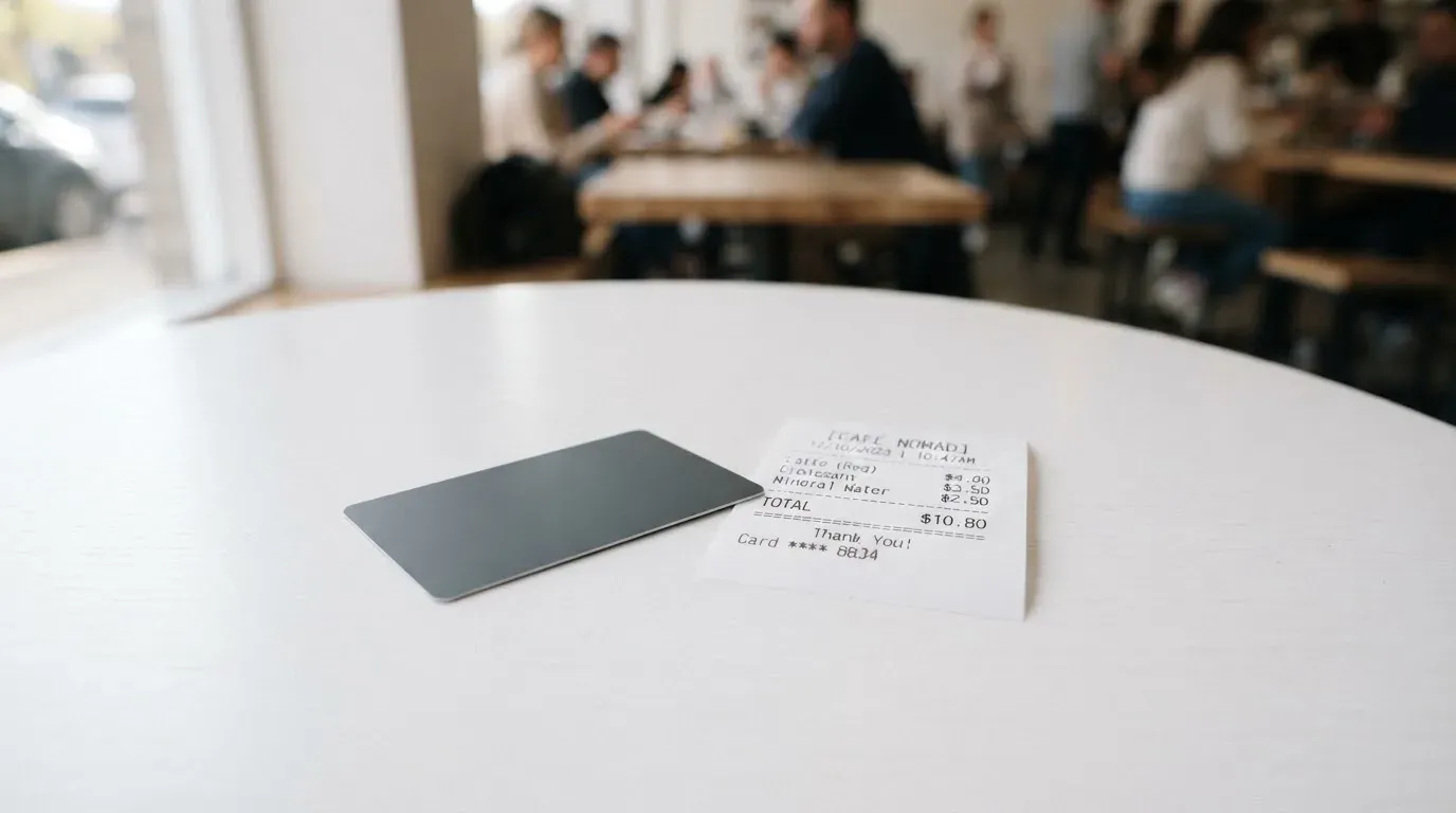 A receipt and a card on a café table