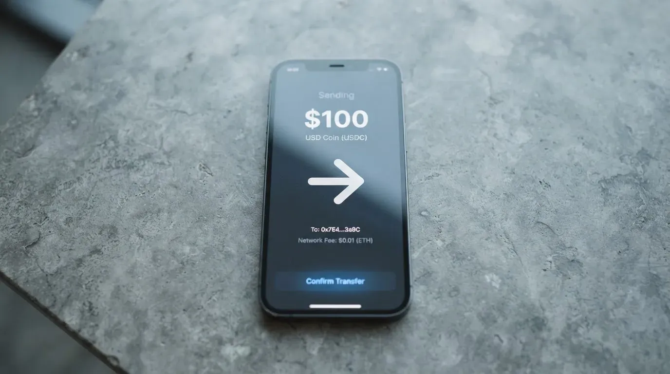 A phone showing a stablecoin transfer screen