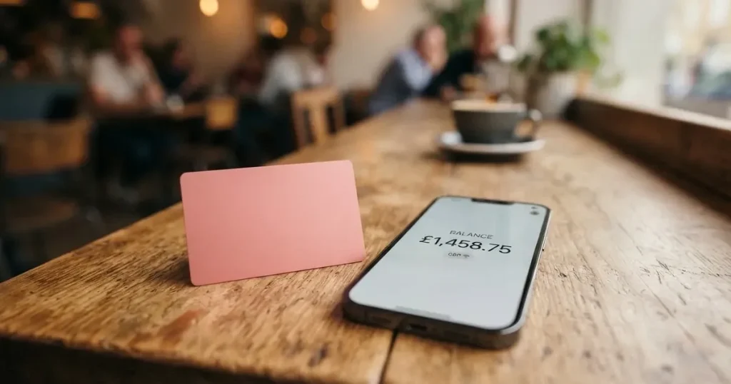 A payment card next to a phone with a crypto wallet app open