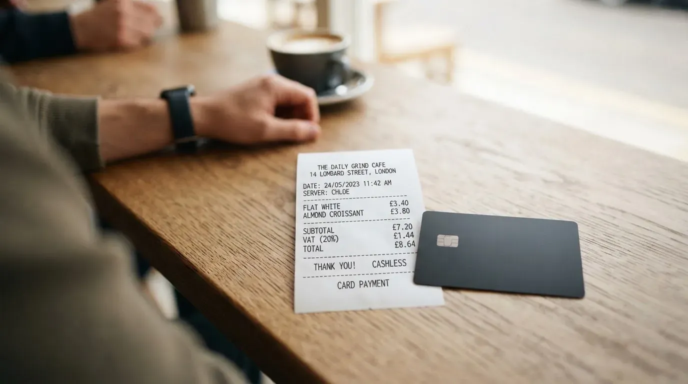 A receipt and a card on a café table