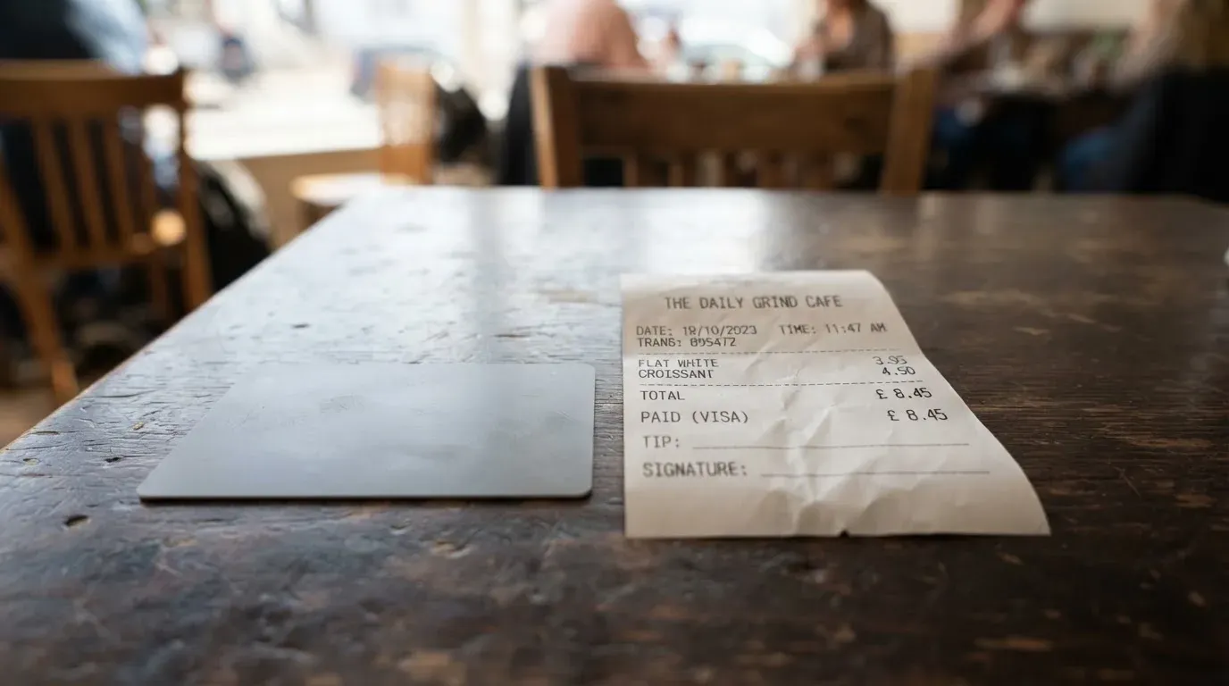 A receipt and a card on a café table