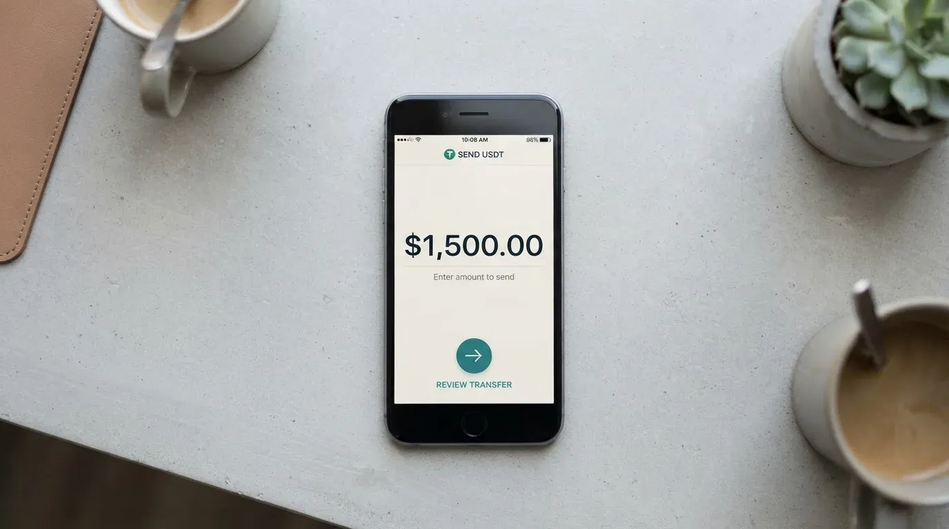A phone showing a stablecoin transfer screen