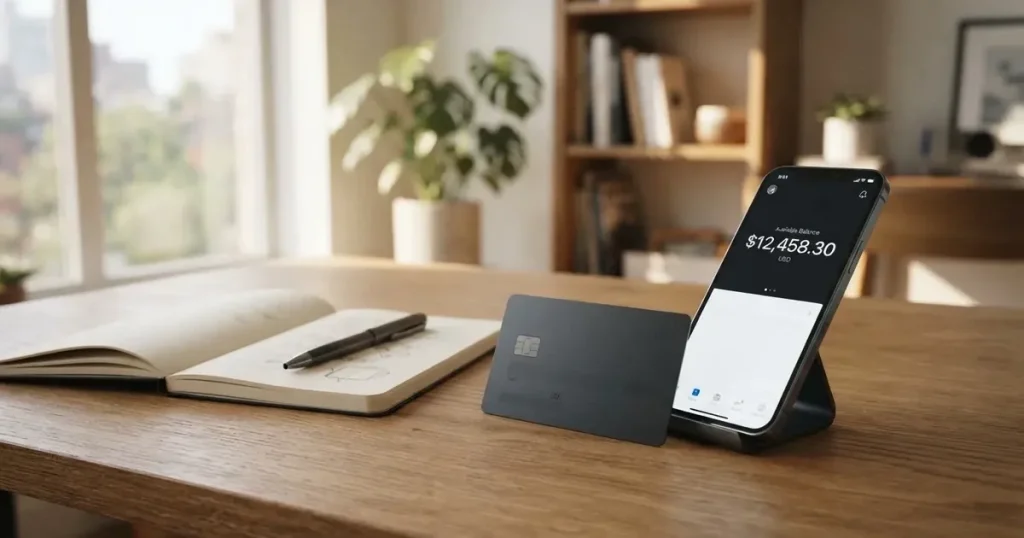 A payment card next to a phone with a crypto wallet app open