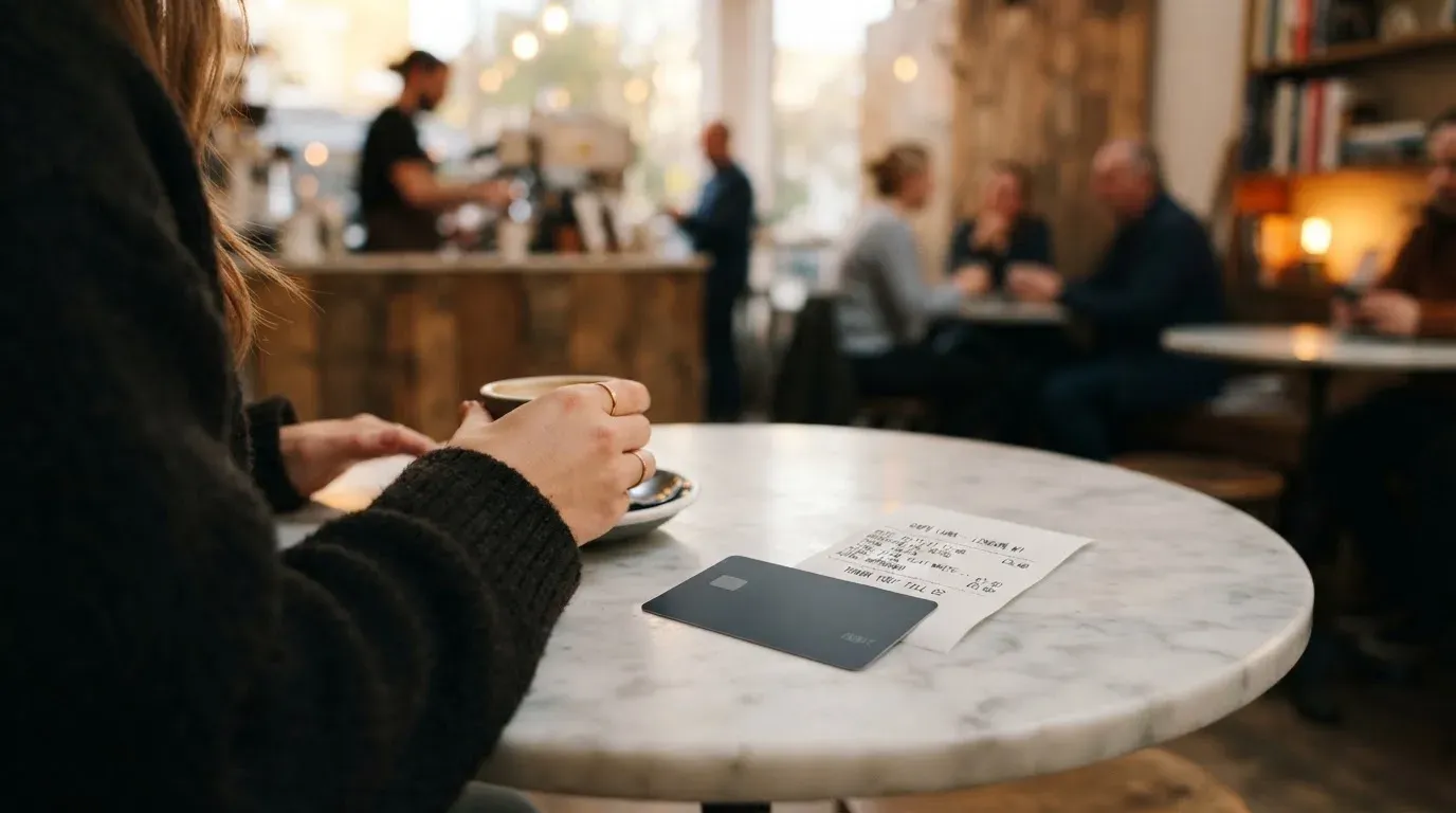 A receipt and a card on a café table