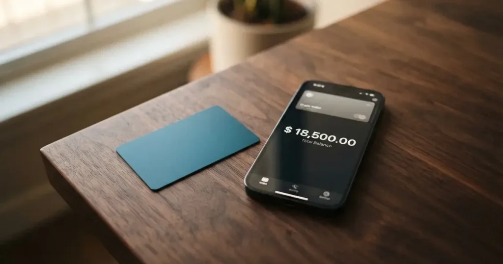 A payment card next to a phone with a crypto wallet app open