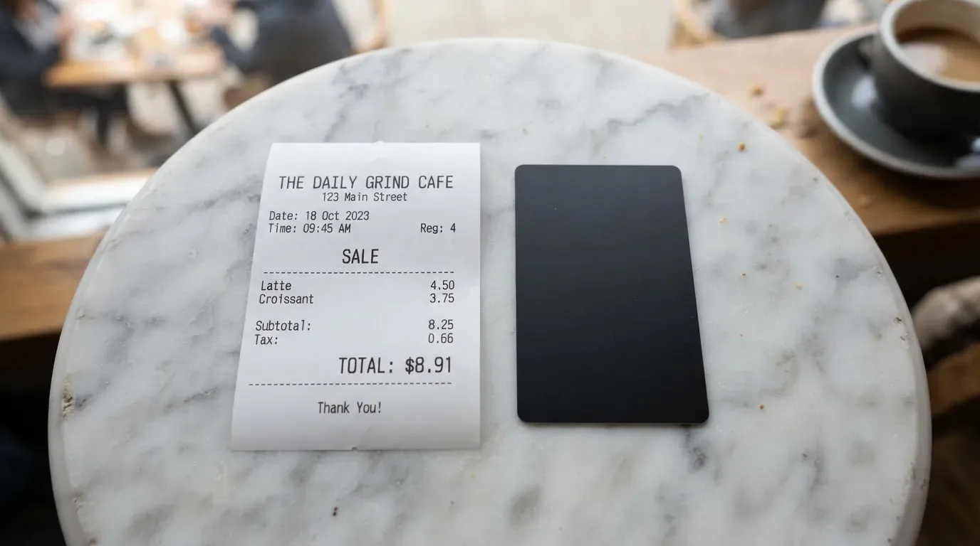 A receipt and a card on a café table