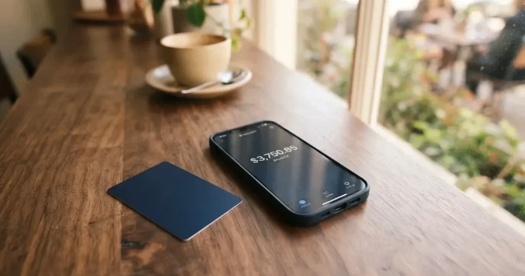 A payment card next to a phone with a crypto wallet app open
