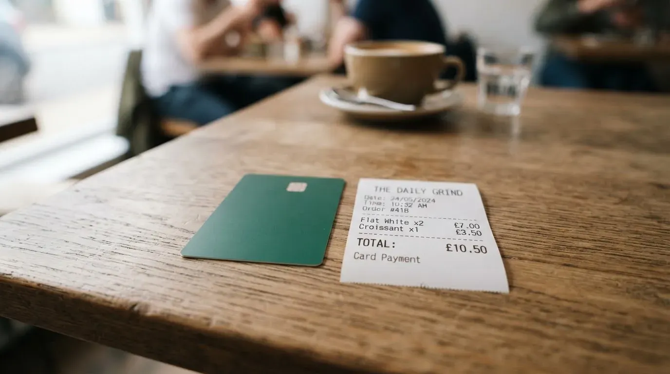 A receipt and a card on a café table