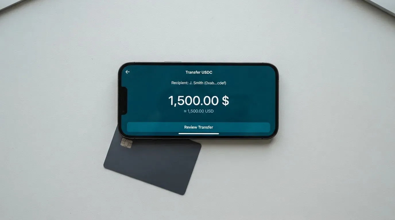 A phone showing a stablecoin transfer screen