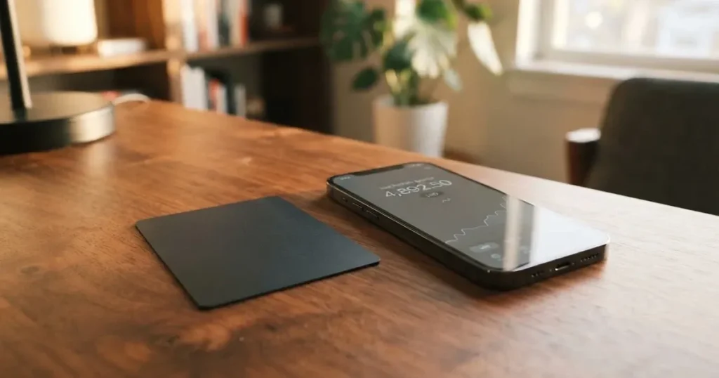 A payment card next to a phone with a crypto wallet app open
