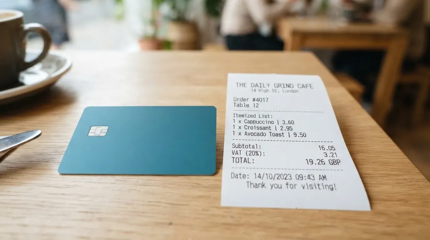 A receipt and a card on a café table