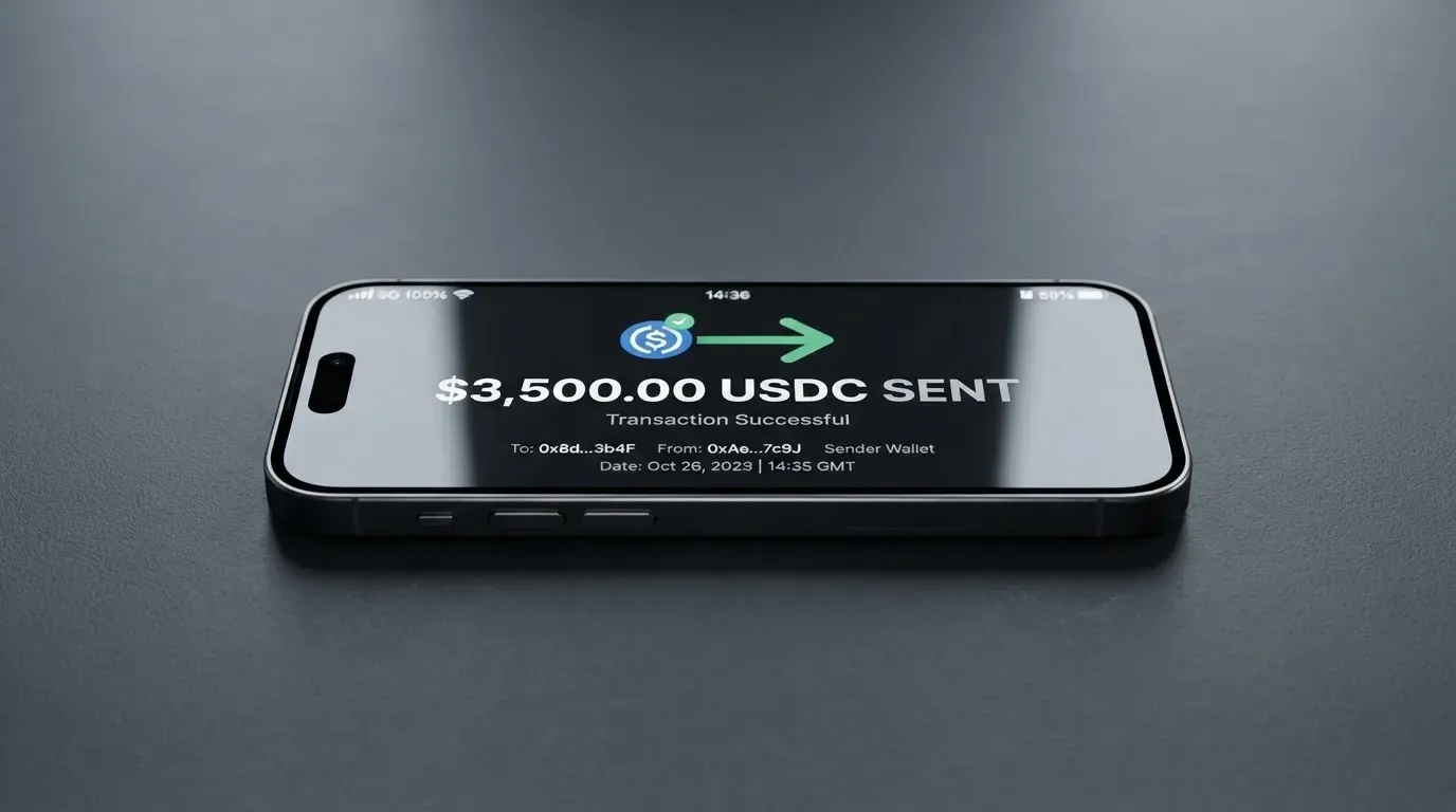 A phone showing a stablecoin transfer screen