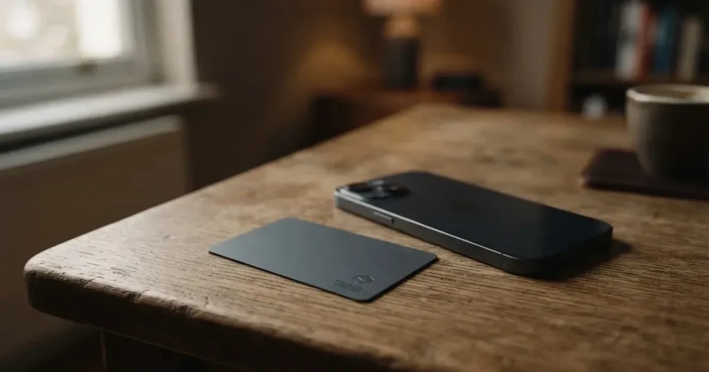 A payment card next to a phone with a crypto wallet app open