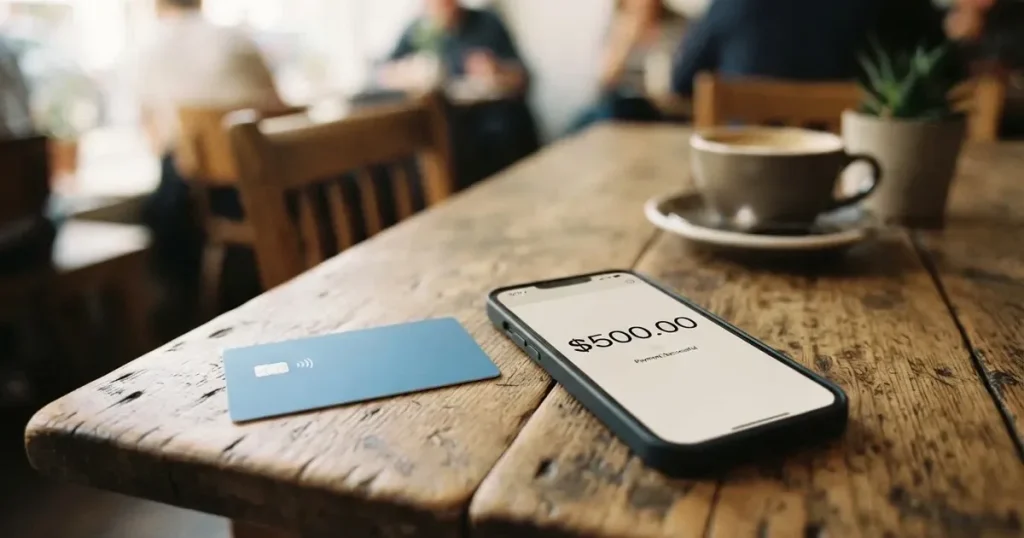 A payment card next to a phone with a crypto wallet app open