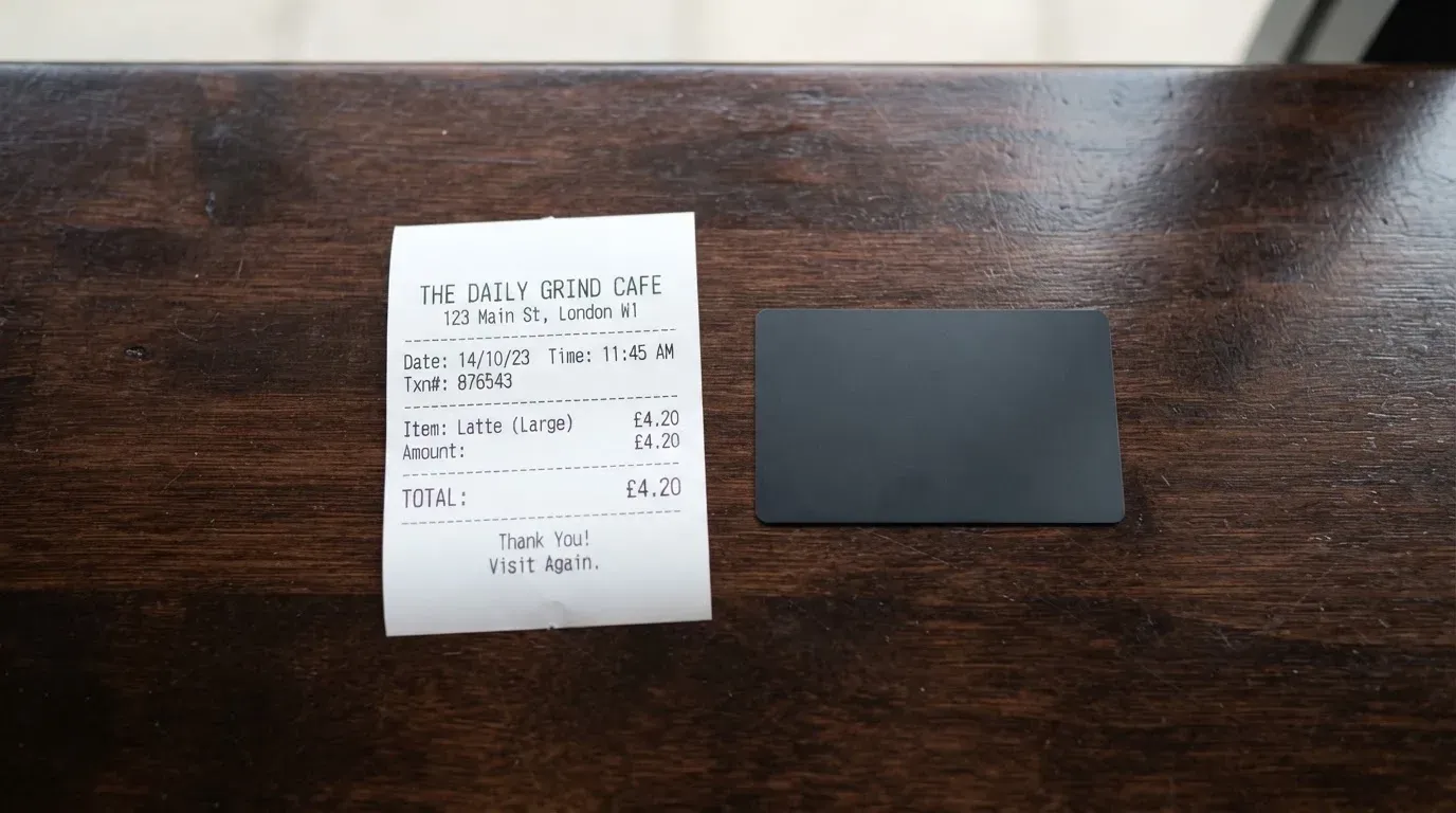 A receipt and a card on a café table