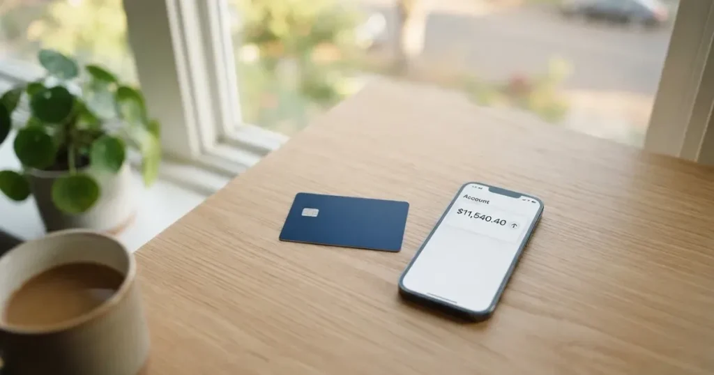 A payment card next to a phone with a crypto wallet app open