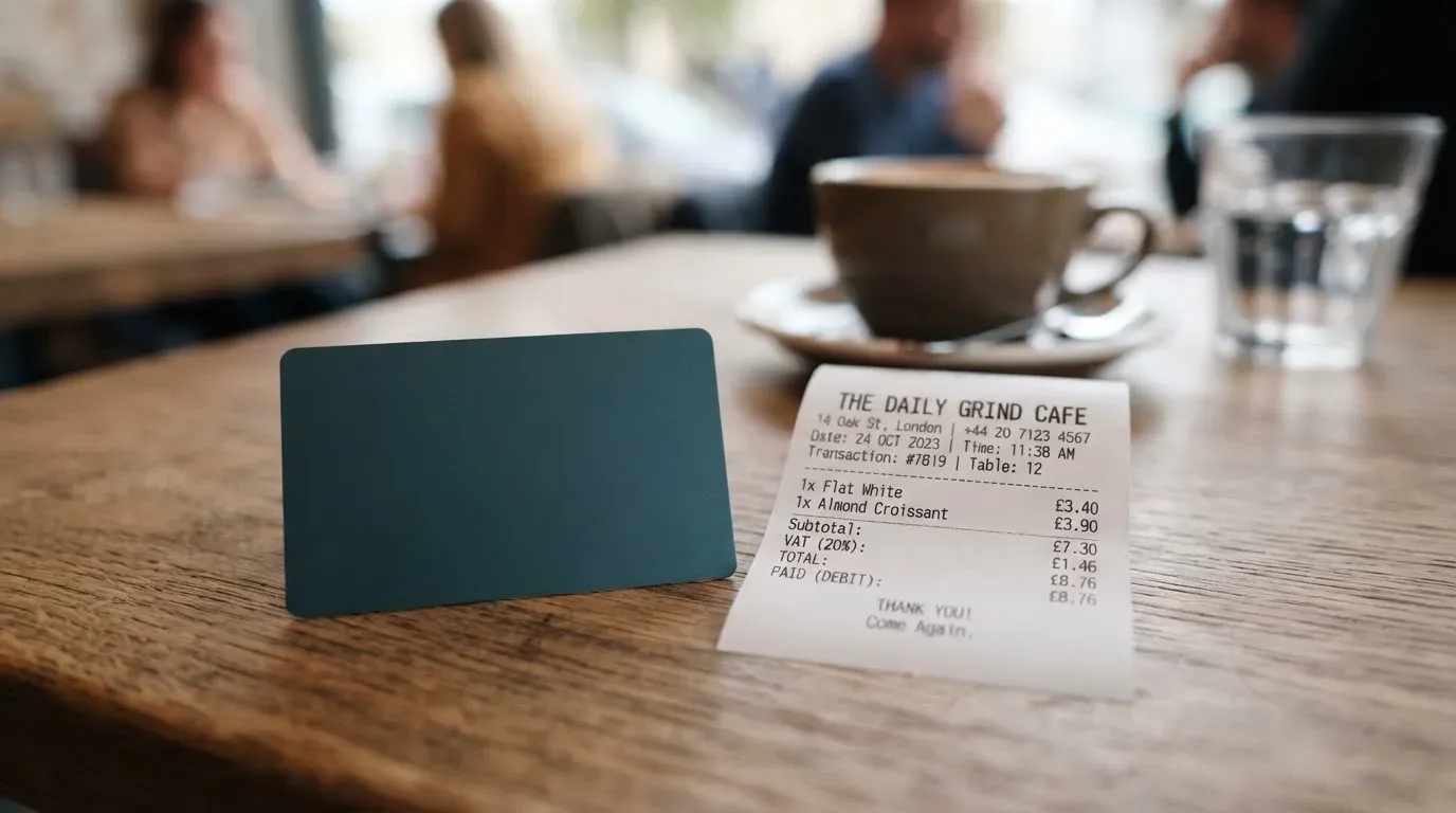 A receipt and a card on a café table