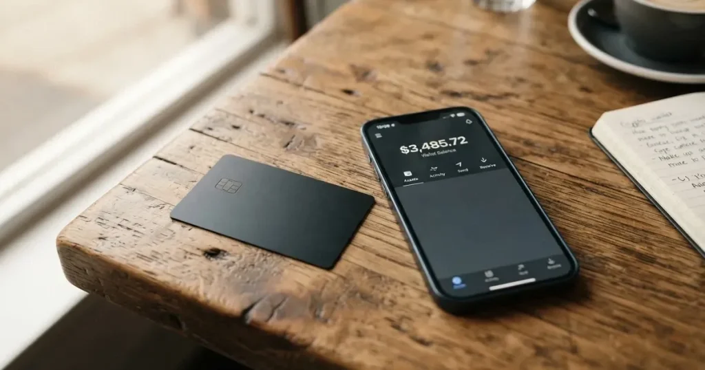 A payment card next to a phone with a crypto wallet app open