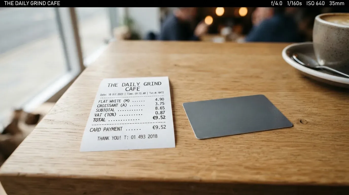 A receipt and a card on a café table