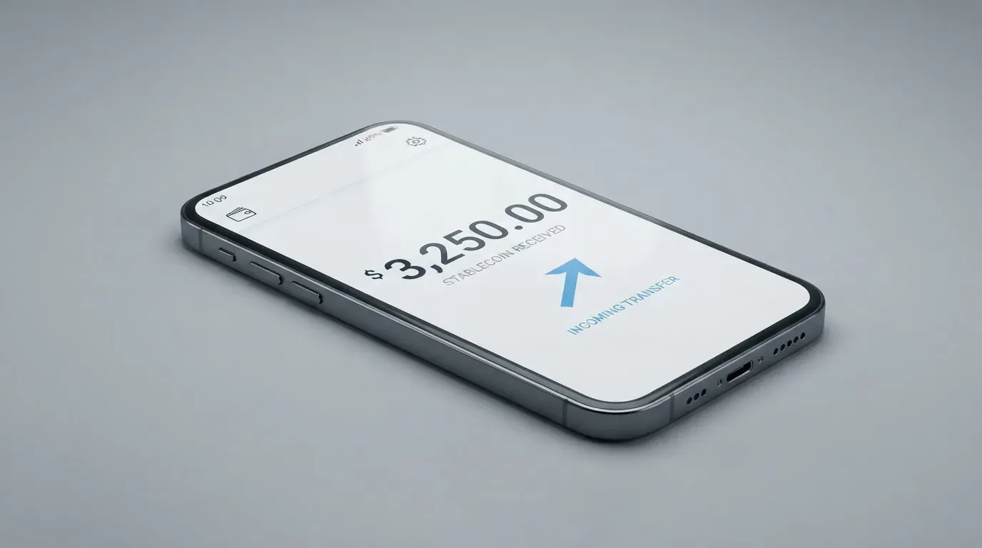 A phone showing a stablecoin transfer screen