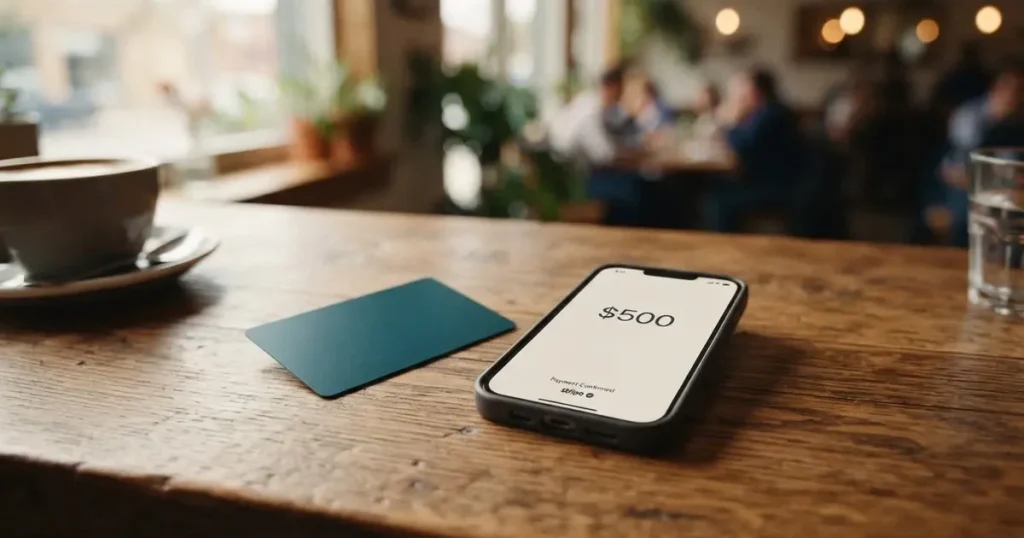 A payment card next to a phone with a crypto wallet app open