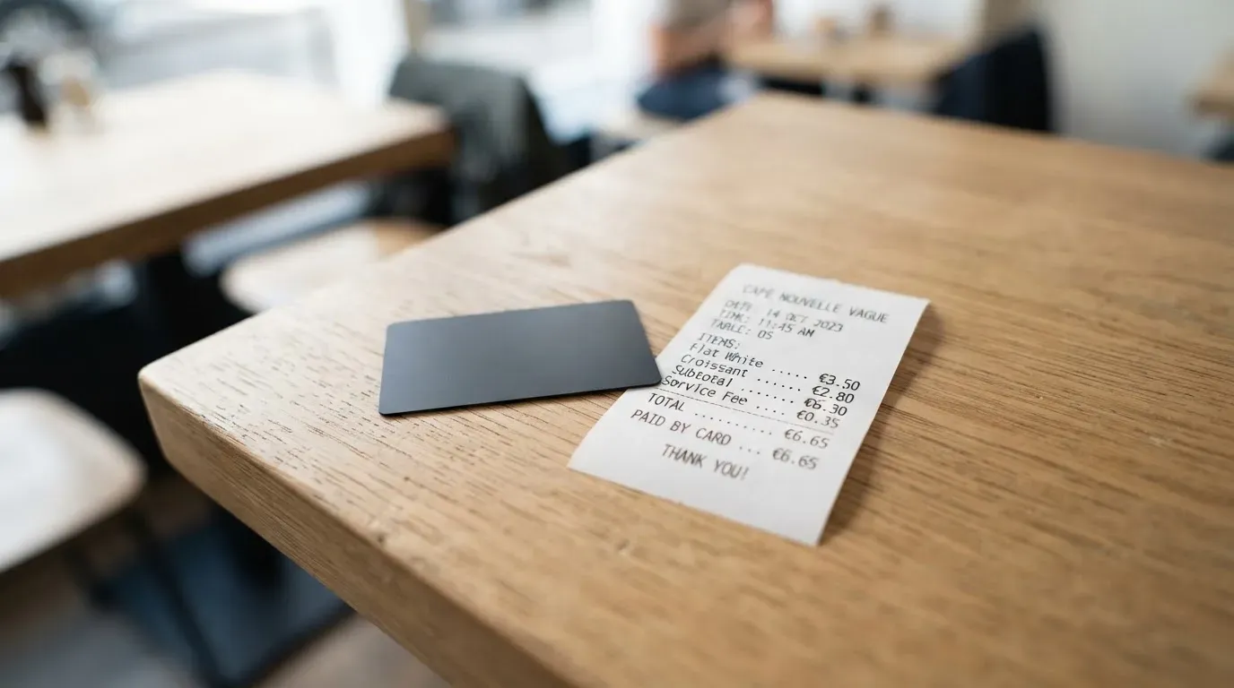 A receipt and a card on a café table