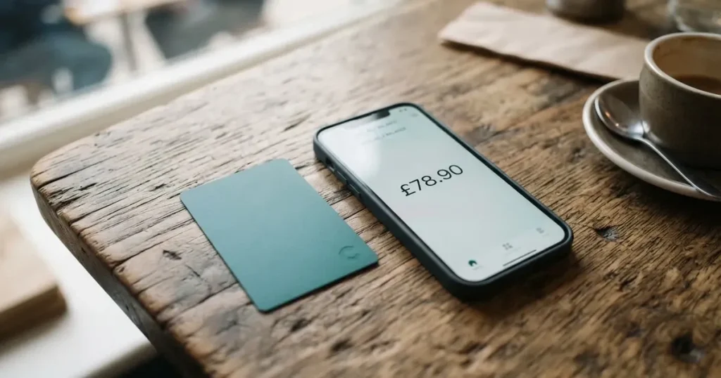 A payment card next to a phone with a crypto wallet app open