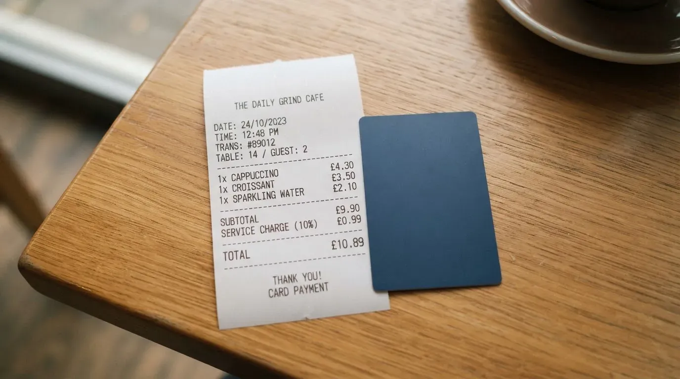 A receipt and a card on a café table